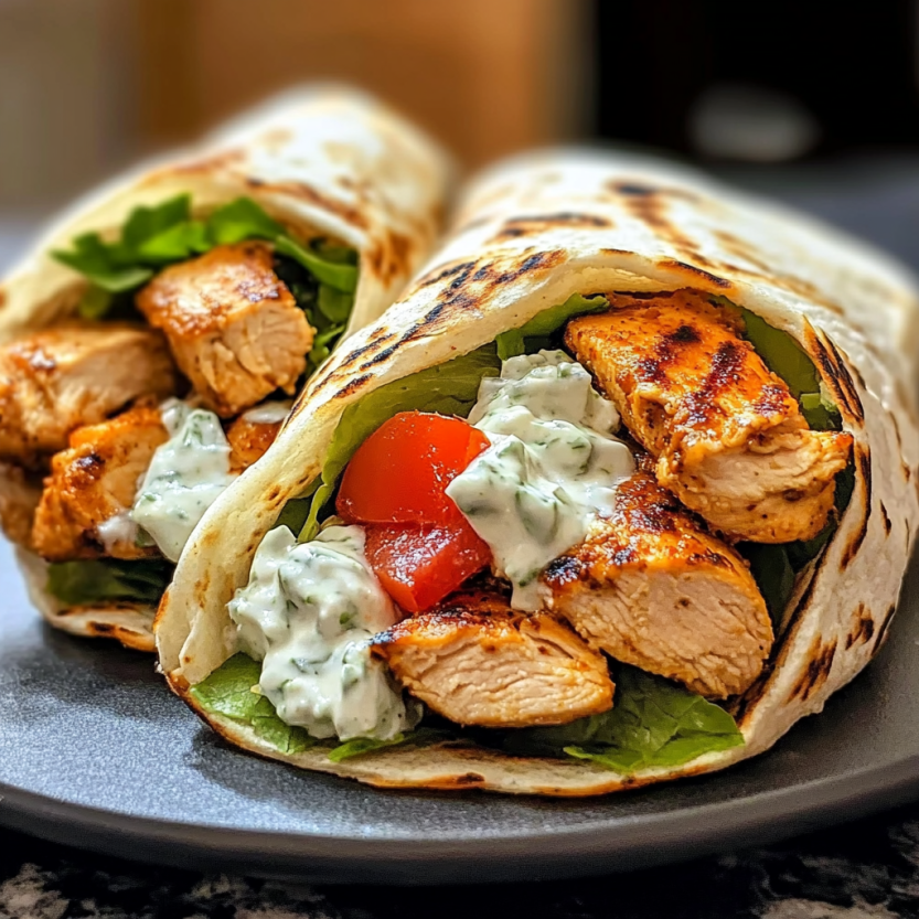 Une image de gyros de poulet méditerranéen avec une sauce crémeuse de feta et tzatziki.