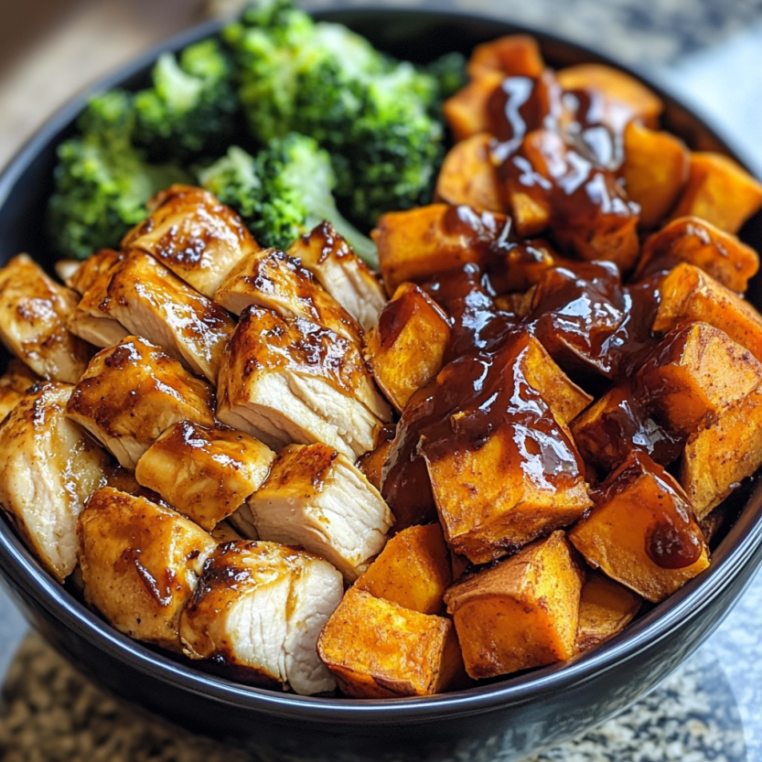 Un plat de BBQ chicken et de pommes de terre rôties.