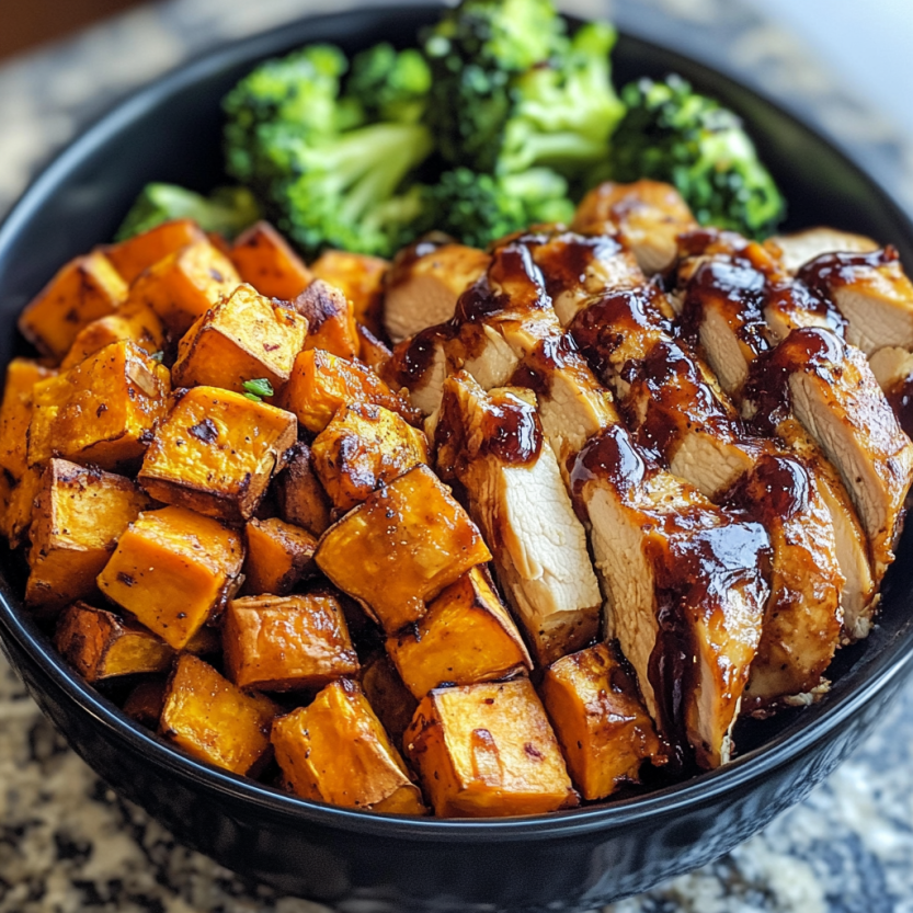 Un plat de BBQ chicken et de papas douces rôties.