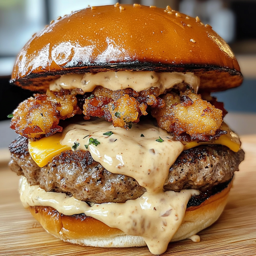Un burger avec des frites et du baconnaise.