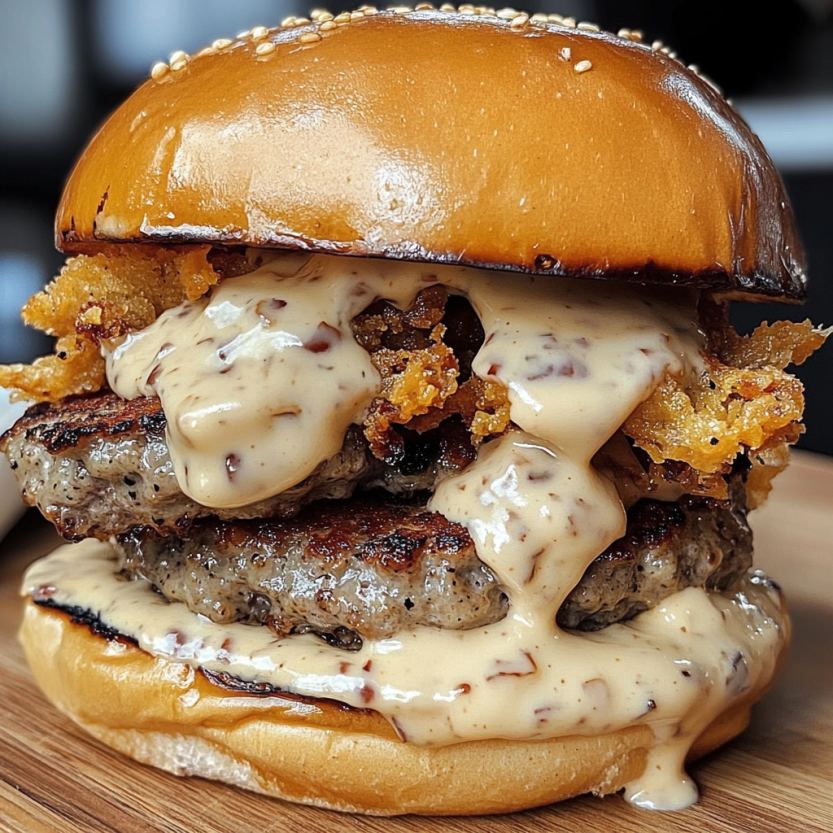 Un burger avec des frites et du baconnaise.