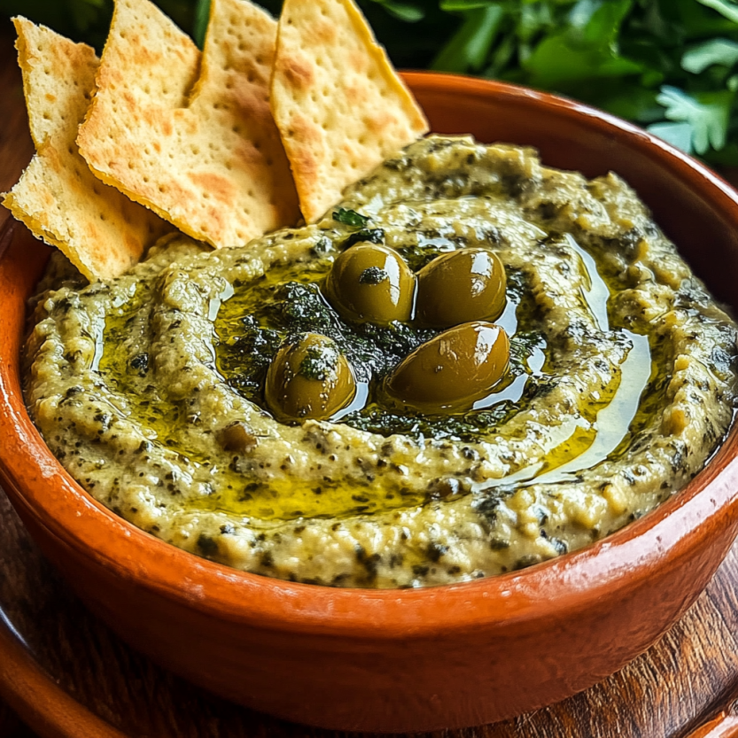 Une assiette de dip de olives vertes.