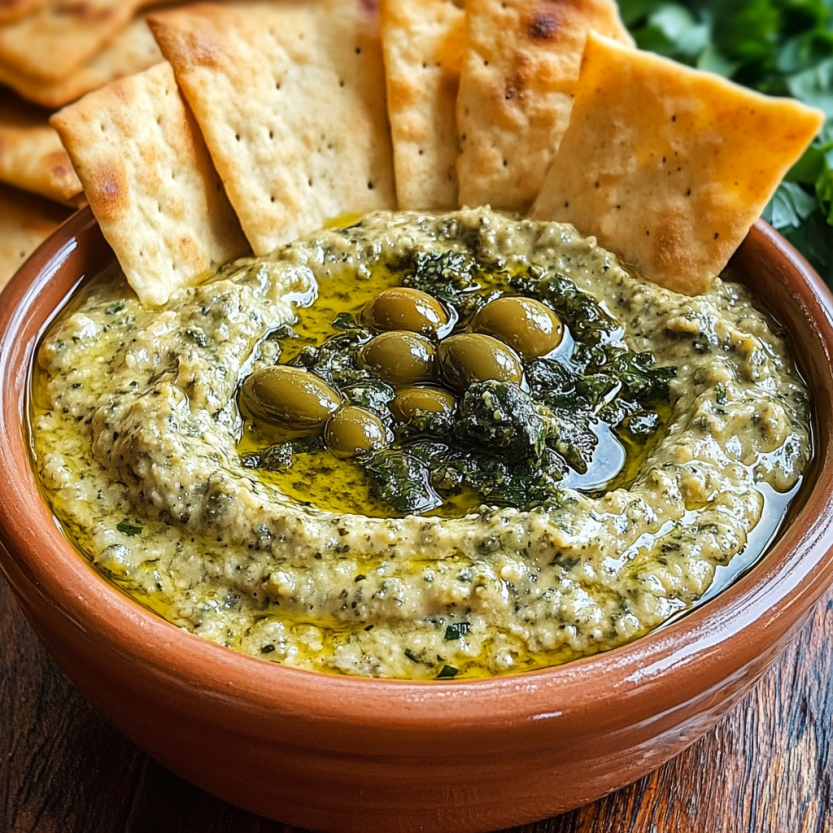 Une assiette de dip vert avec des olives vertes.