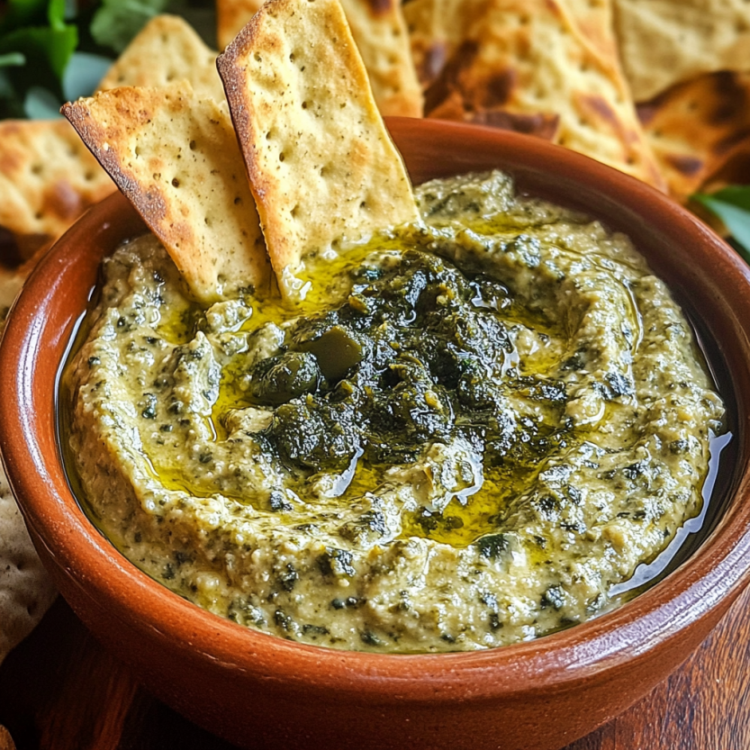 Un bol contenant une sauce verte avec des olives vertes.