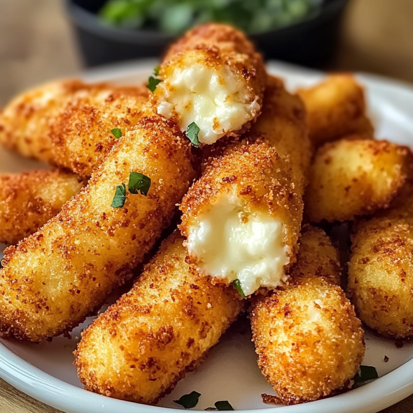 Une pile de mozzarella sticks frits dans un air fryer.