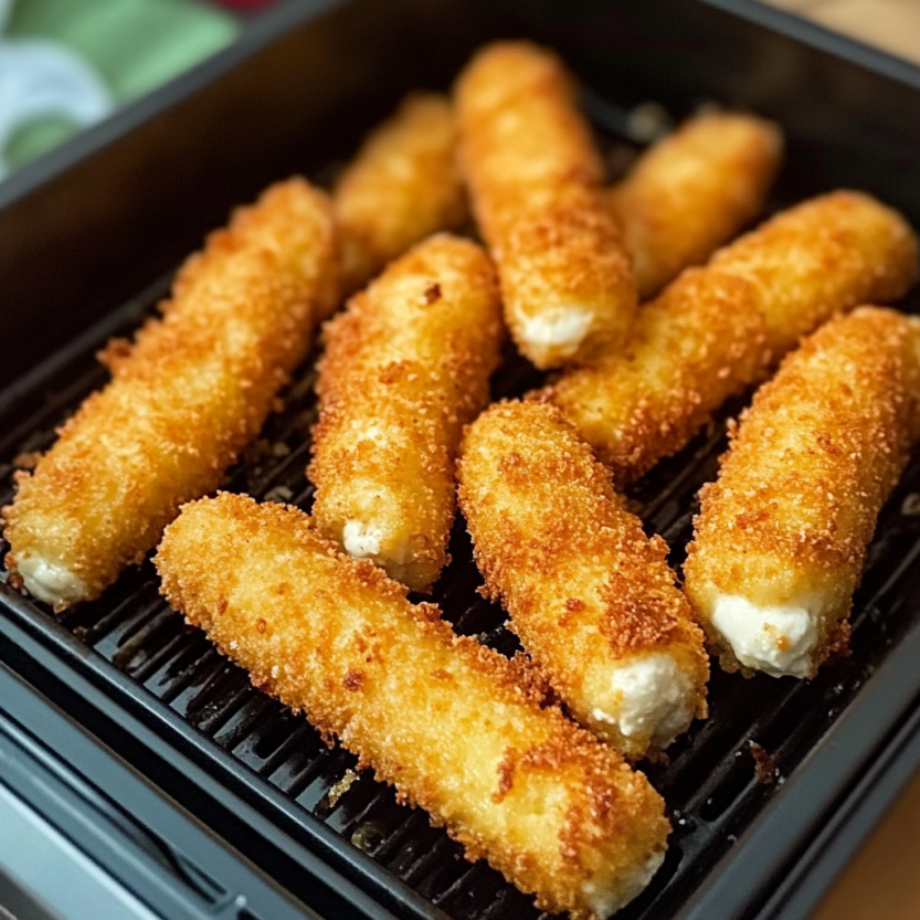 Une boîte contenant des croquettes de mozzarella frites dans un four à air.