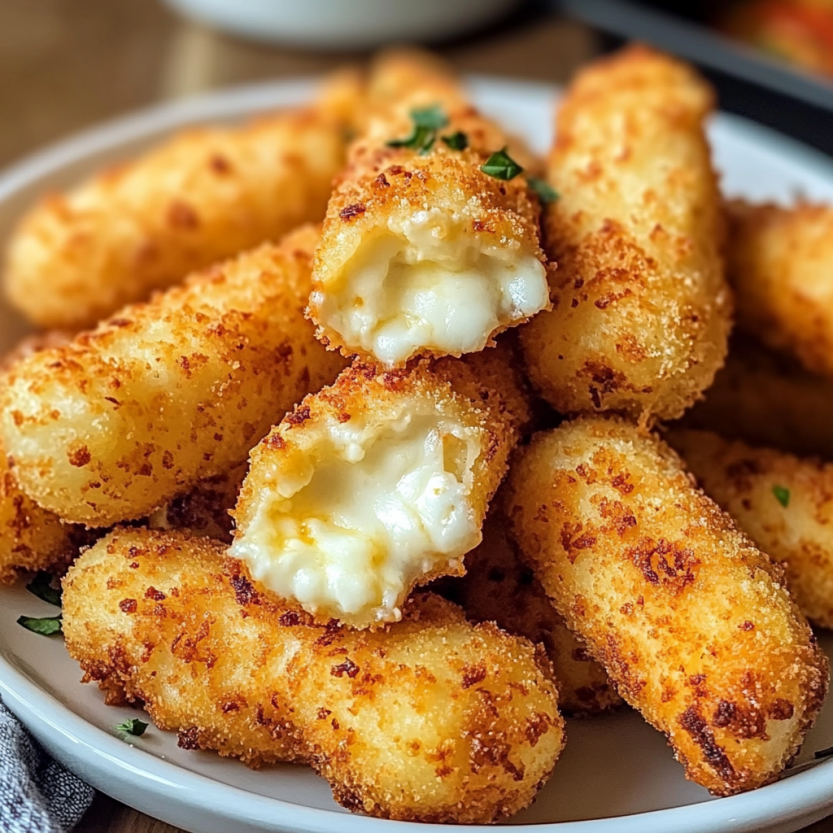 Une pile de mozzarella sticks frits dans un plat.