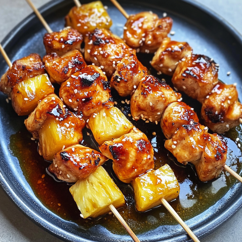 Des kabobs de poulet grillé avec des pineaux et des herbes, servis sur un plateau noir.