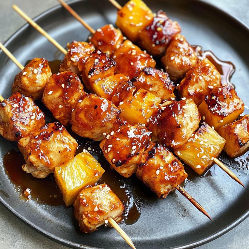 Des kabobs de poulet grillé avec des fruits de pineapple et de la sauce.
