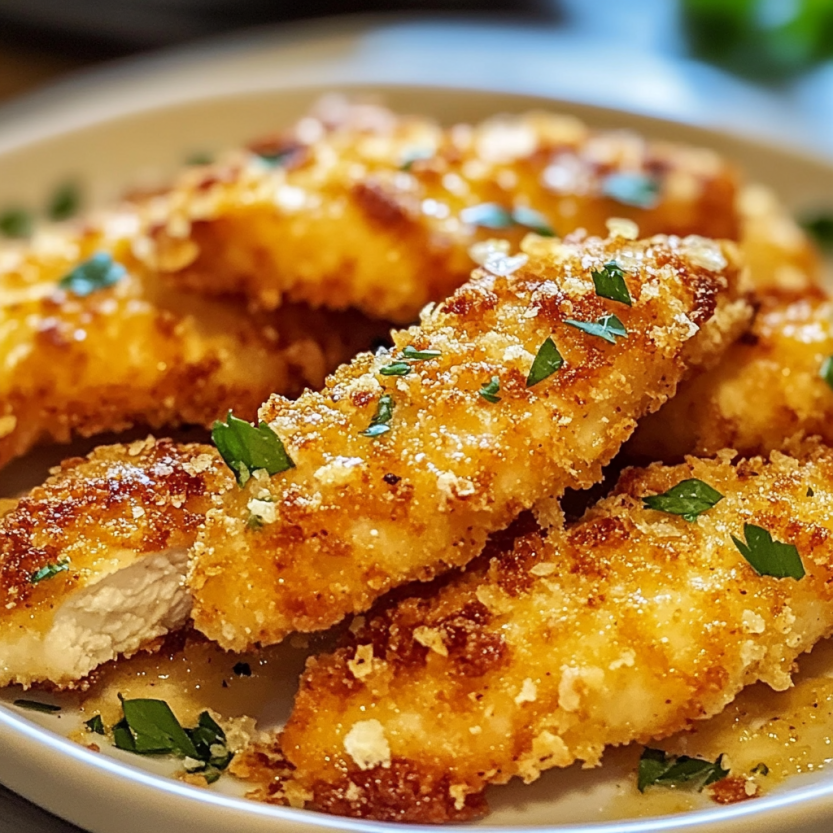 Une assiette de crispy baked chicken tenders.