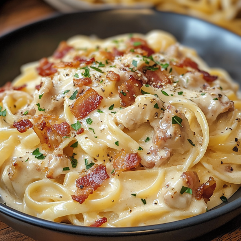 Une assiette de spaghetti avec des bacon frits et une sauce crémeuse.