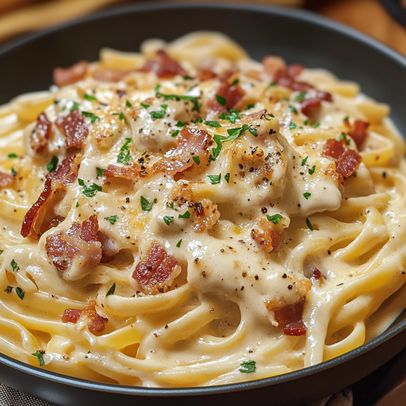 Une assiette de spaghetti avec des bacon et une sauce crémeuse.