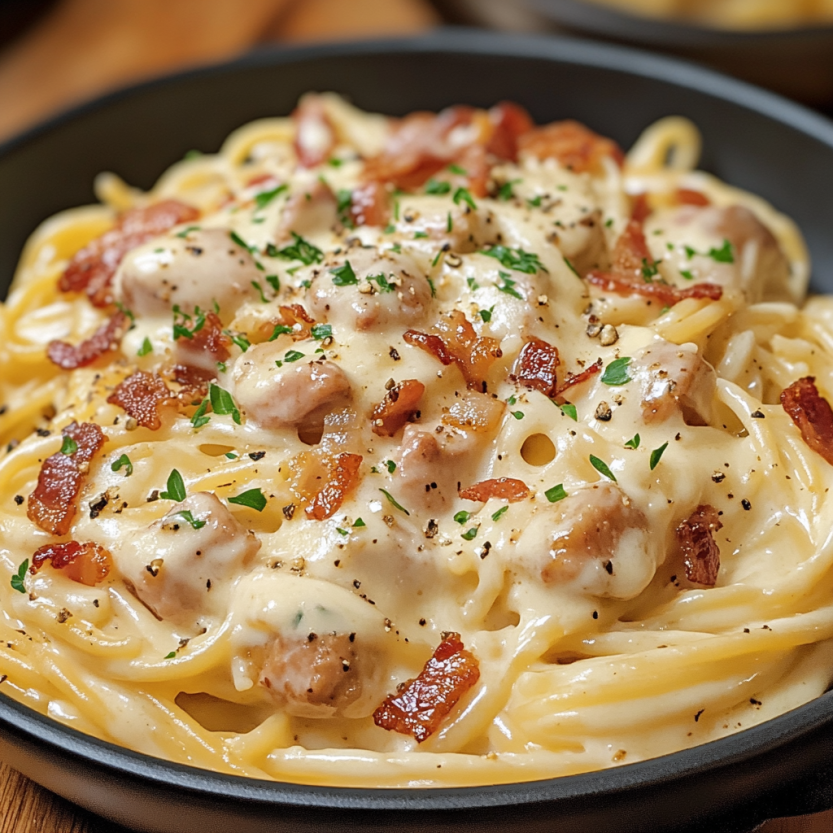 Une assiette de spaghetti avec des bacon et des herbes.