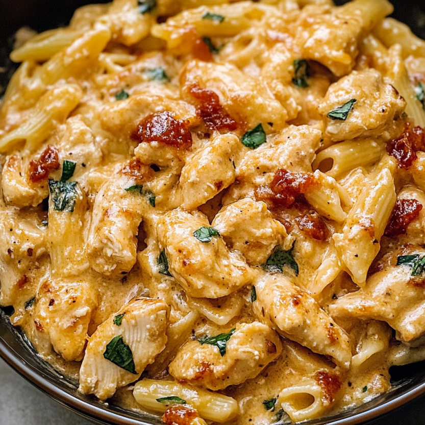 Une recette de poulet, pâtes et herbes servie dans un bol.