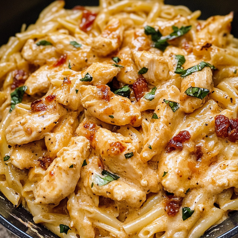 Une recette de poulet et de pâtes avec des herbes et des légumes.