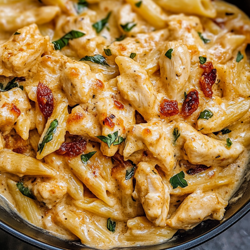 Une recette de poulet et de pâtes avec des herbes et des légumes.