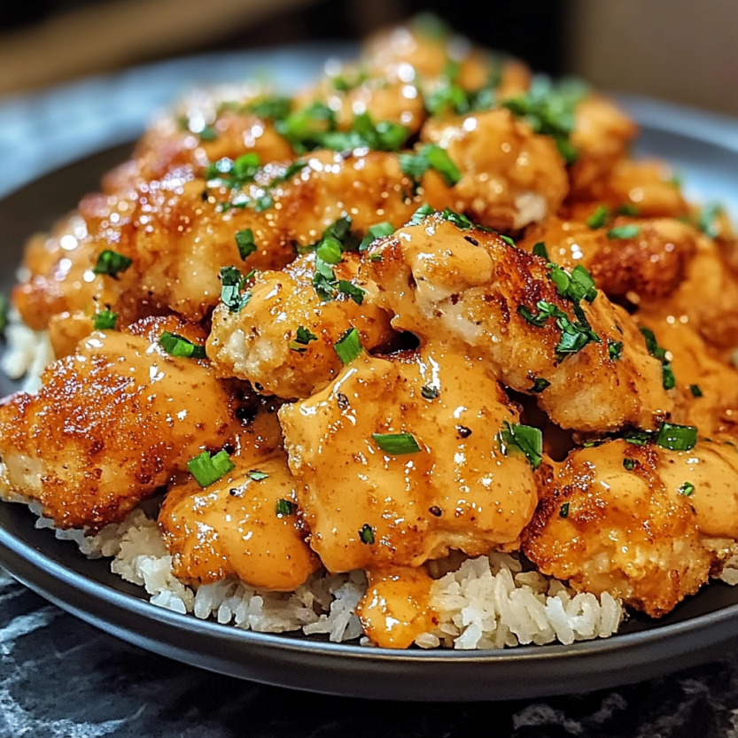 Une assiette de "Bang Bang Chicken" est servie sur une table.