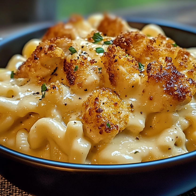 Une assiette de macaroni et de fromage avec des morceaux de poulet et des herbes.