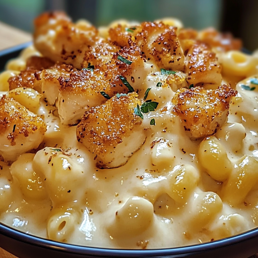 Une assiette de macaroni et de fromage avec des morceaux de poulet et des herbes.