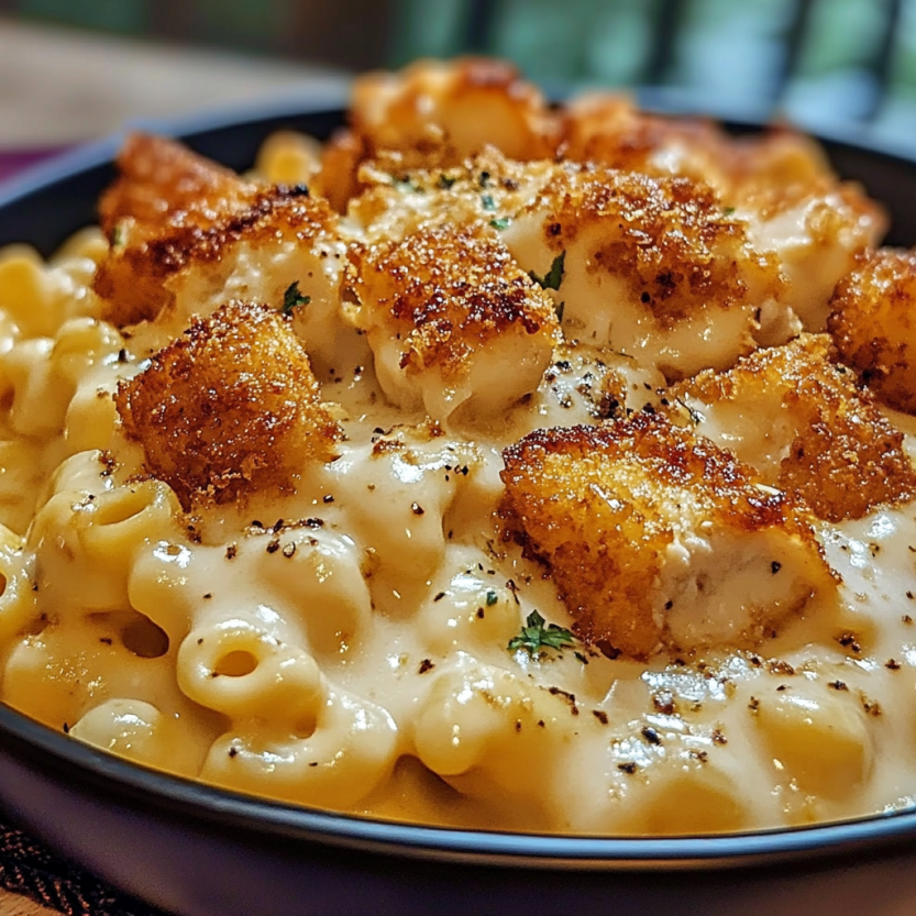 Une assiette de macaroni et de fromage avec des morceaux de poulet et des herbes.