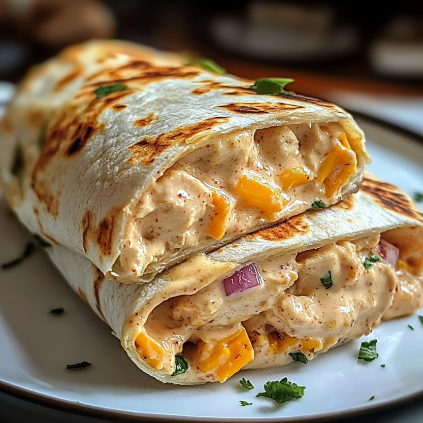 Un quiche chicken wrap avec des légumes et une sauce.