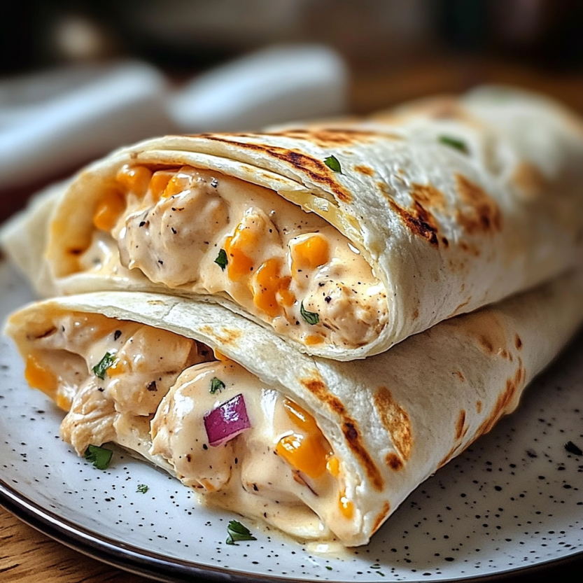 Un sandwich de poulet au fromage chaud et aux légumes, sur un plateau.