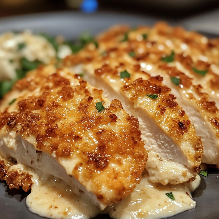 Une image de poulet grillé avec une sauce parmesan, servie sur un plateau.