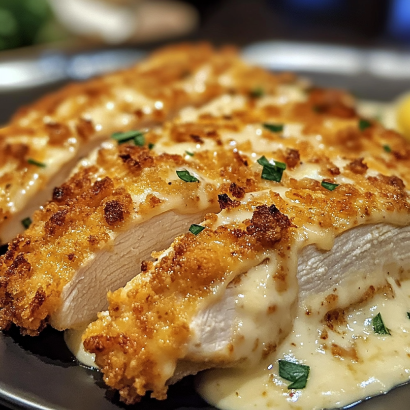 Une image de poulet grillé avec une sauce parmesan.