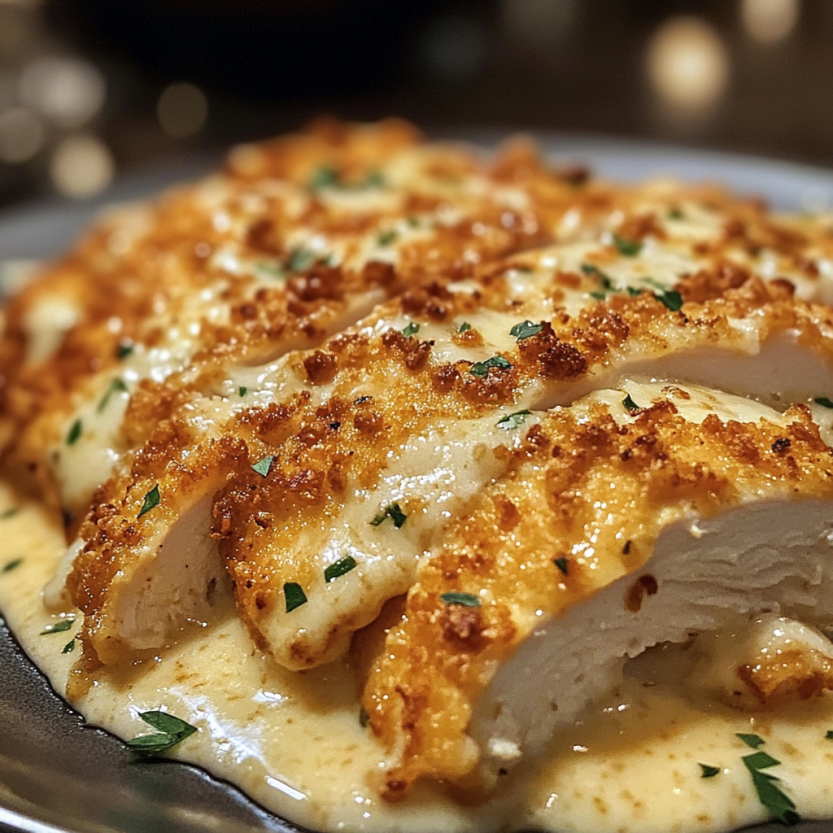 Une image de poulet grillé avec une sauce Parmesan.