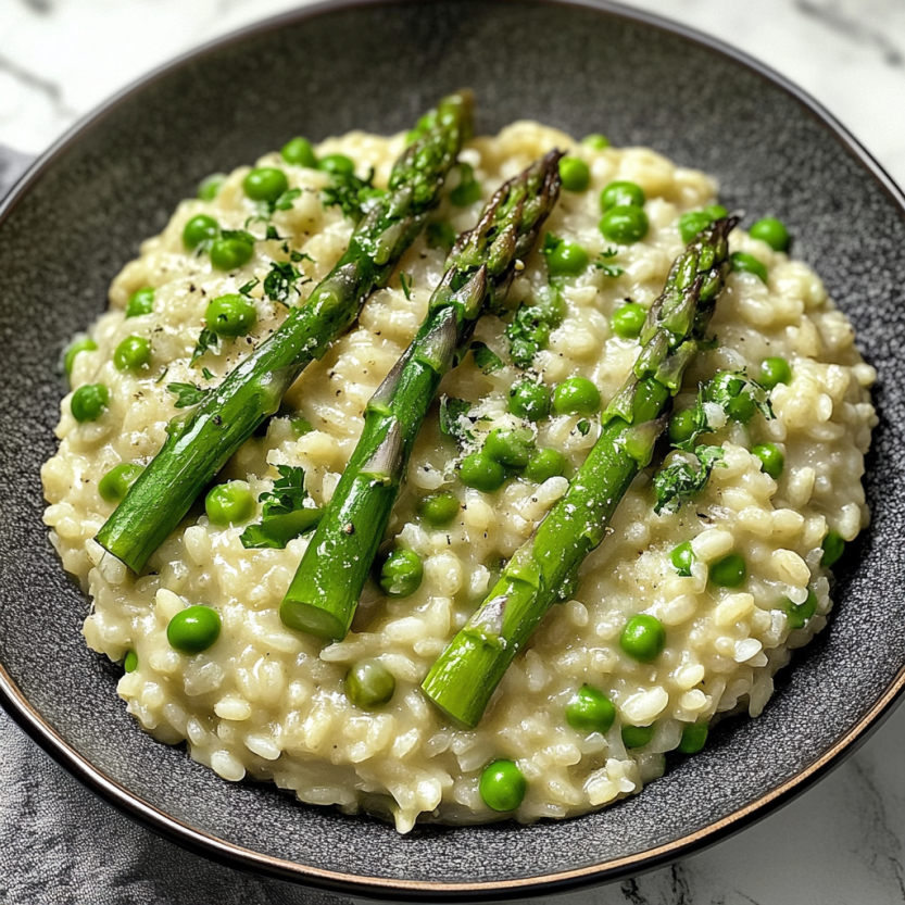 Une assiette de risotto aux haricots verts et aux épinards.