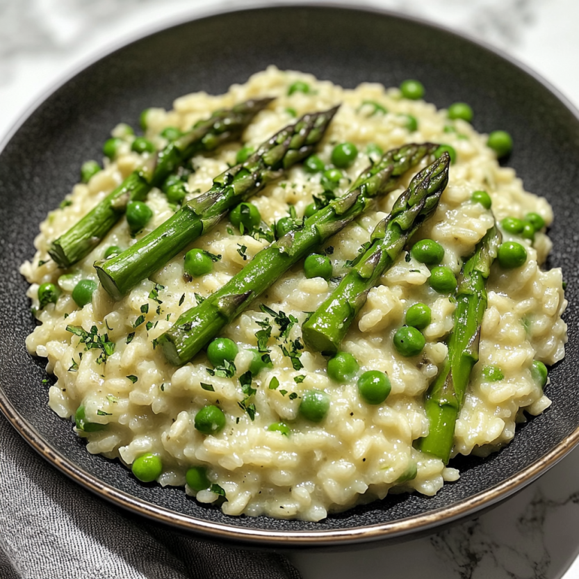Une assiette de risotto aux haricots verts et aux épinards.