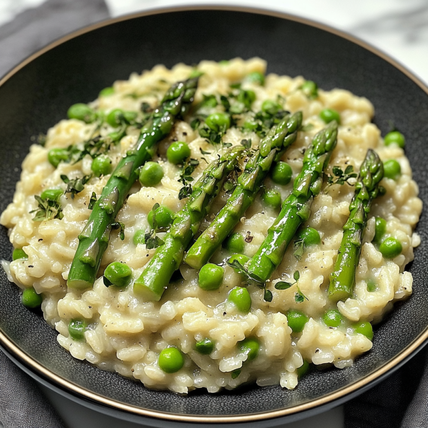 Une assiette de risotto aux haricots verts et aux pâtes.