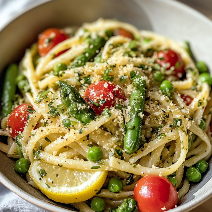 Une assiette de spaghetti avec des légumes d'avril et des herbes de citron.