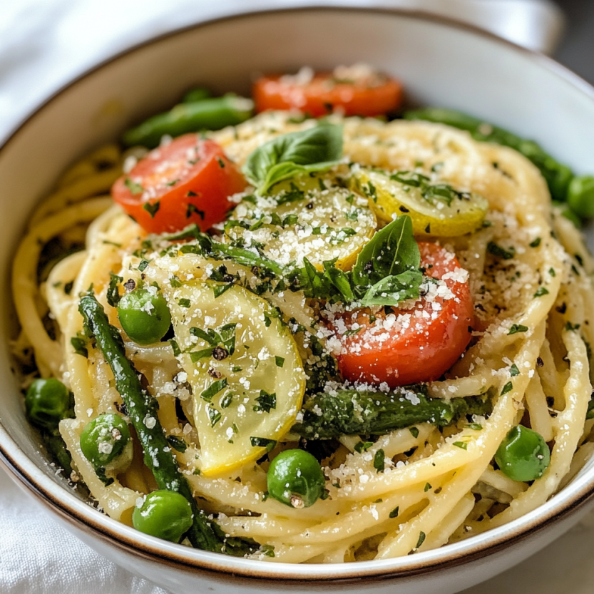Une assiette de spaghetti avec des légumes d'été, y compris des tomates, des poivrons, des oignons et des herbes de citron.