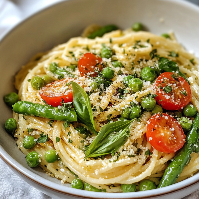 Une assiette de spaghetti avec des légumes d'hiver et des herbes.