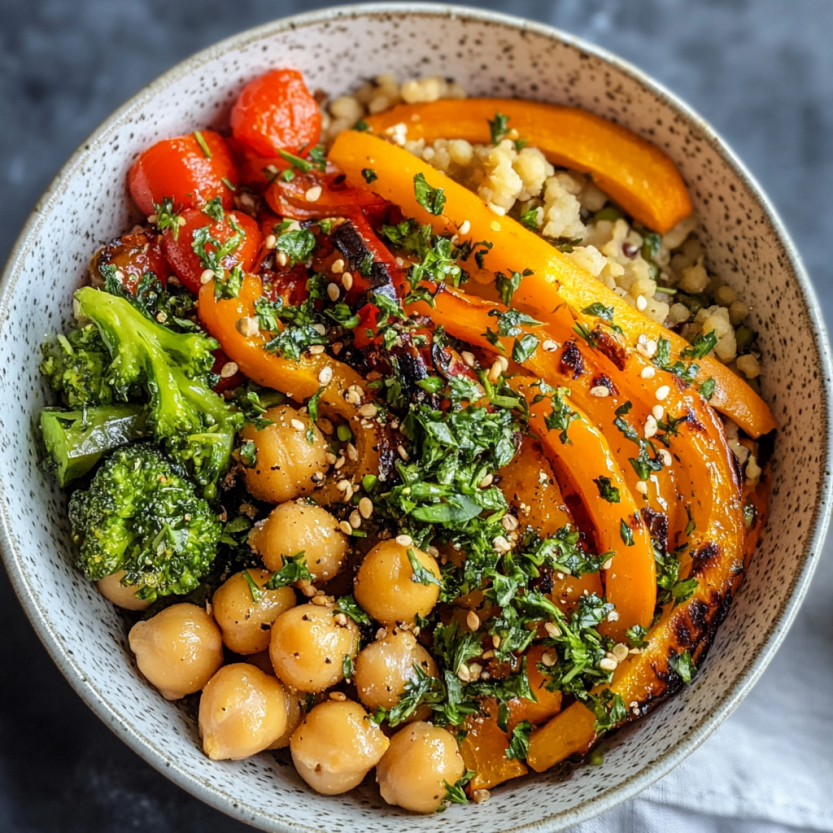 Une assiette de légumes grillés et de chickpeas.