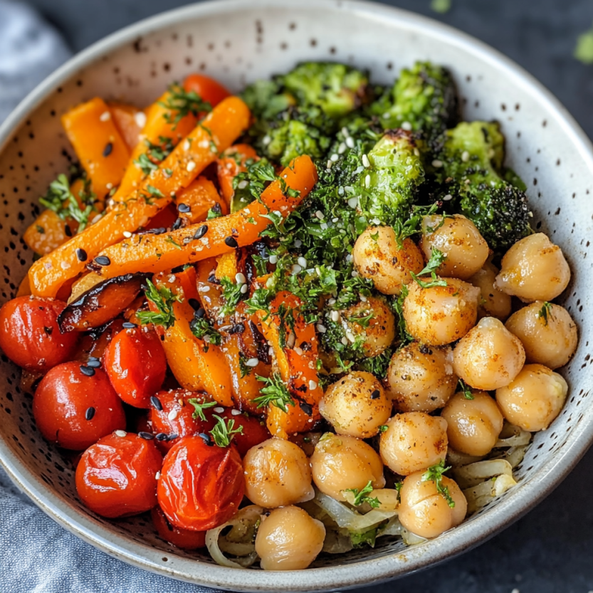 Un plat de légumes grillés et de chickpeas.