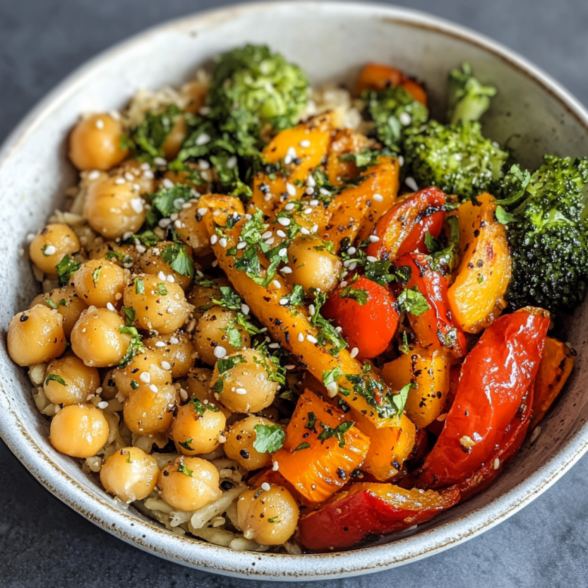 Un plat de légumes grillés et de chickpeas.