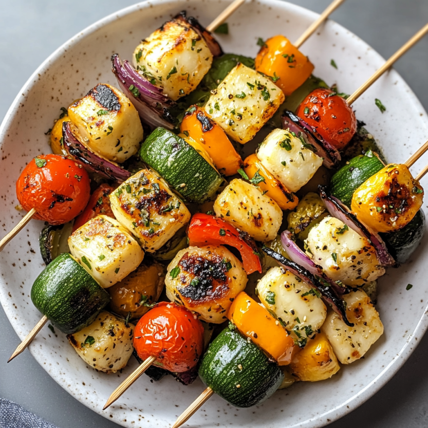 Une assiette de brochettes de légumes grillés et de halloumi.