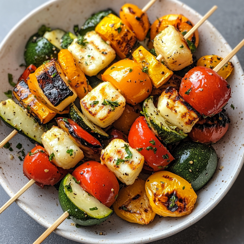 Une assiette de brochettes de légumes grillés et de halloumi.