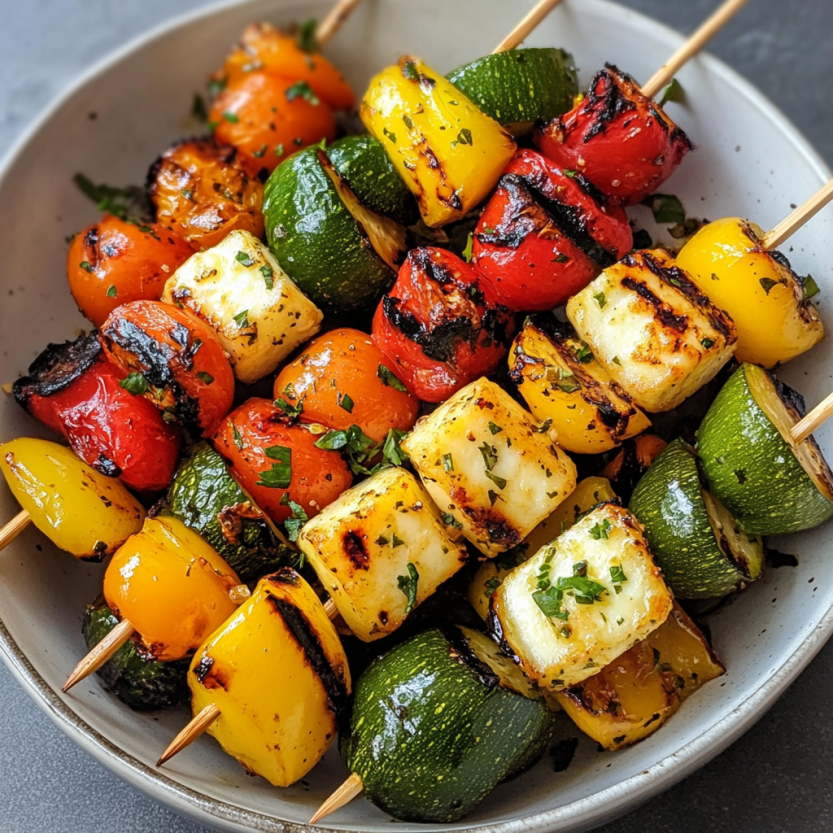 Une assiette de brochettes de légumes grillés et de halloumi.