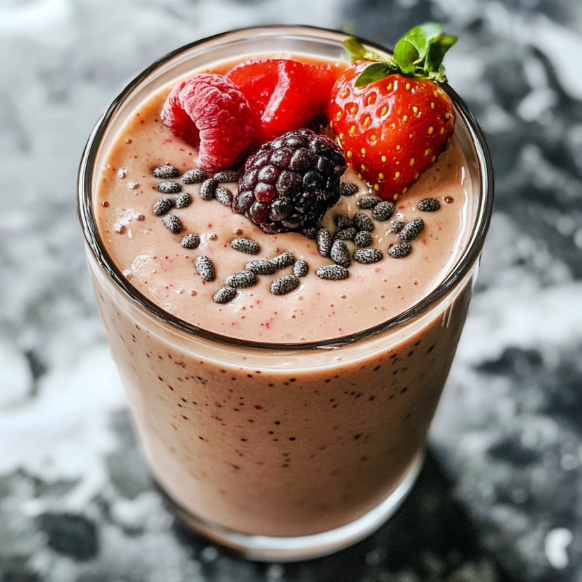 Un verre rempli de smoothie contenant des fraises, des baies, des strawberries et des noix.