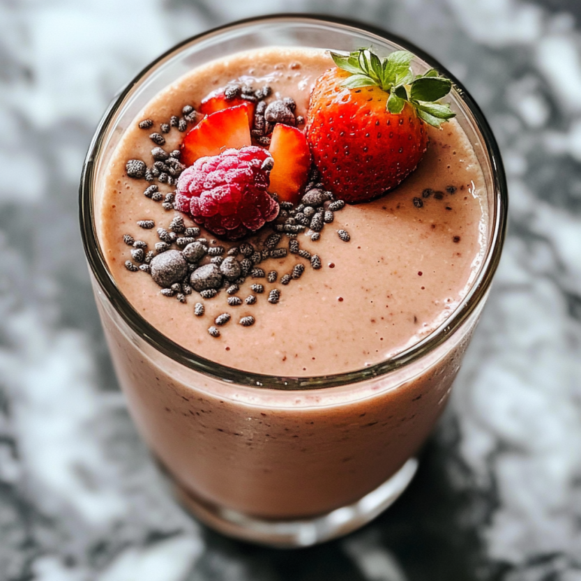 Un verre rempli de smoothie contenant des fruits et des graines.