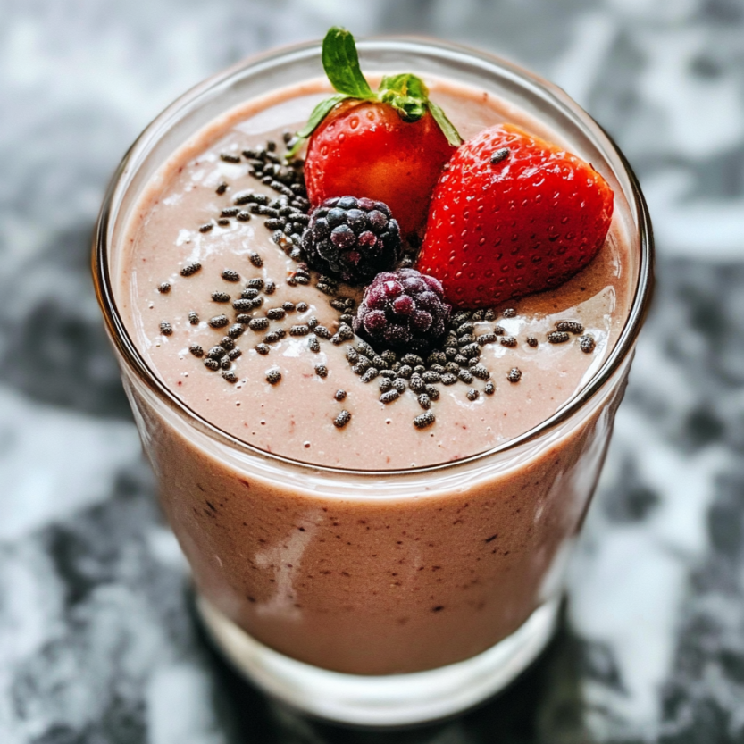 Un verre rempli de smoothie contenant des fraises, des baies, des strawberries et des graines de cacahuète.