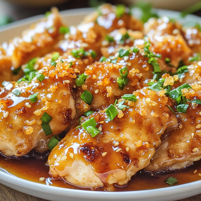 Une image de poulet grillé avec une sauce de miel et de croutons.