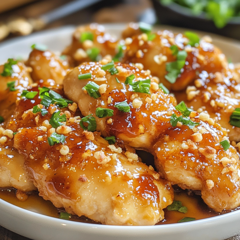 Une assiette de poulet grillé avec une sauce de miel et de croutons.
