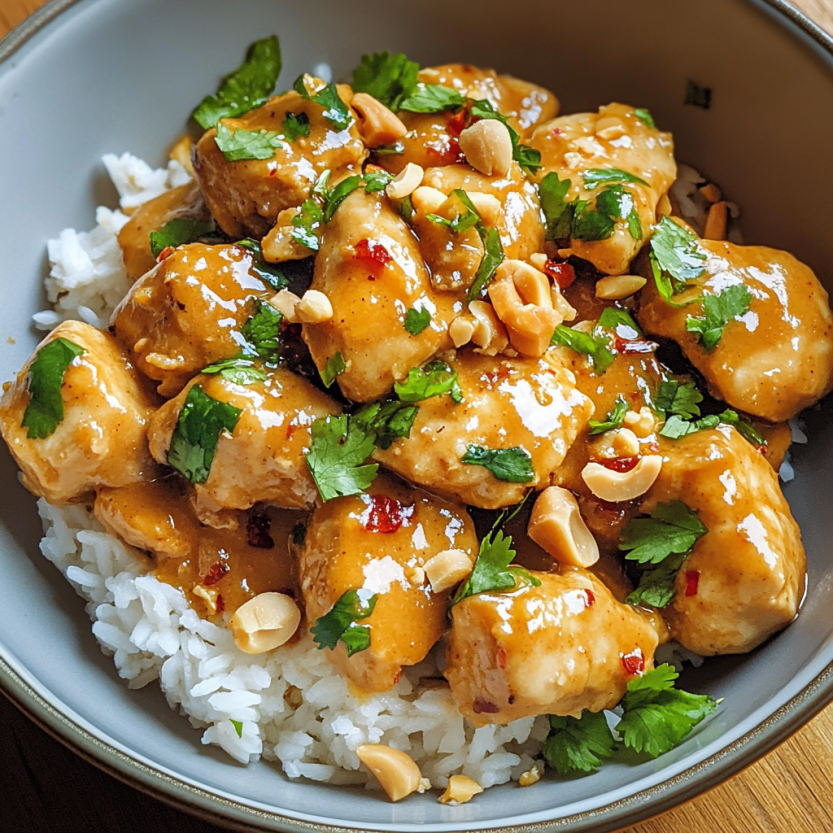 Une assiette de Thai Peanut Chicken est servie sur une table.