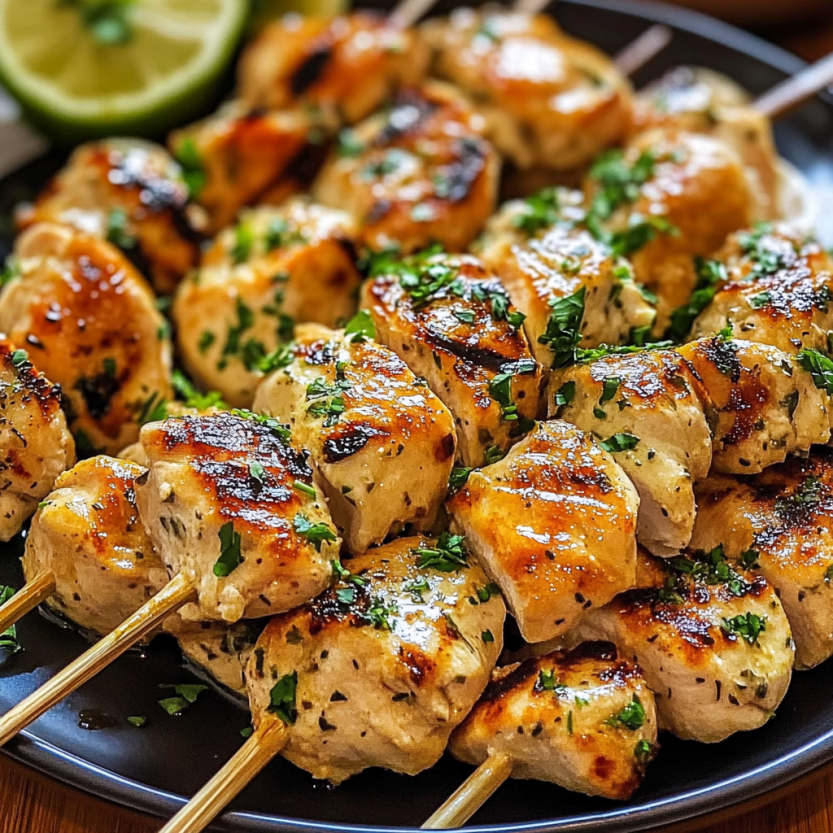 Plate of chicken skewers with green herbs.