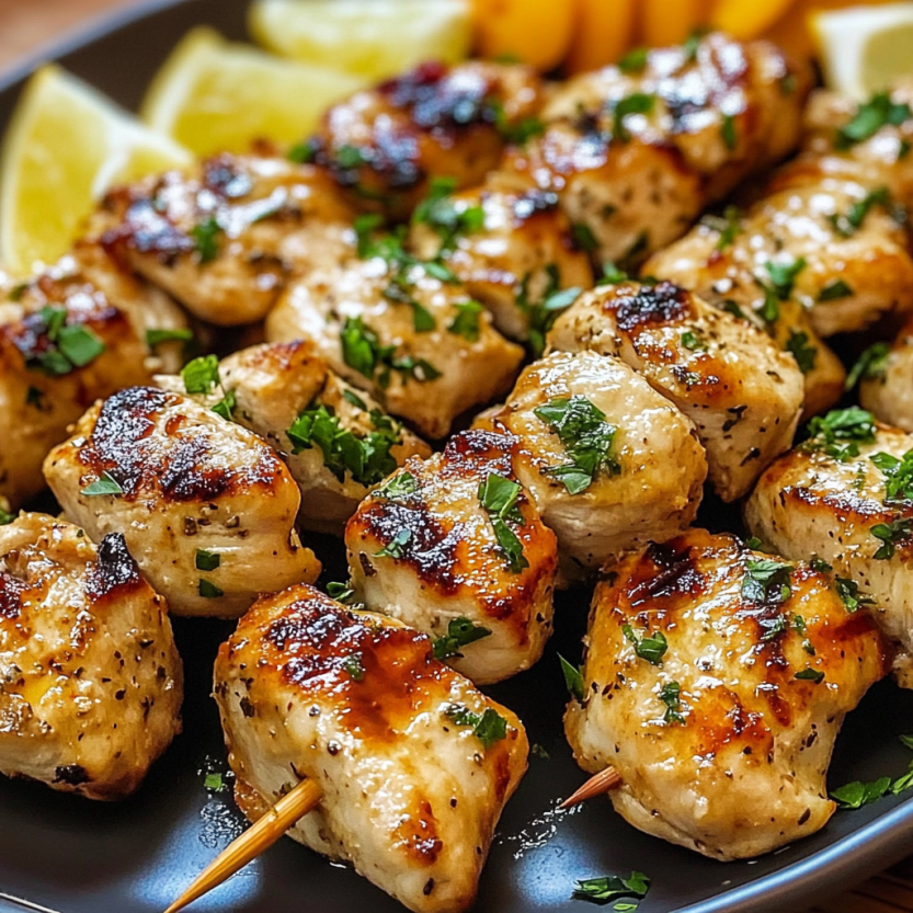 Une assiette de brochettes de poulet grillé avec des légumes et des citrons.