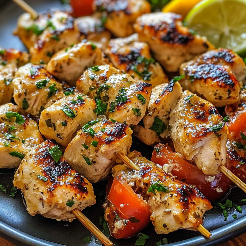 Une assiette de brochettes de poulet grillé avec des légumes.